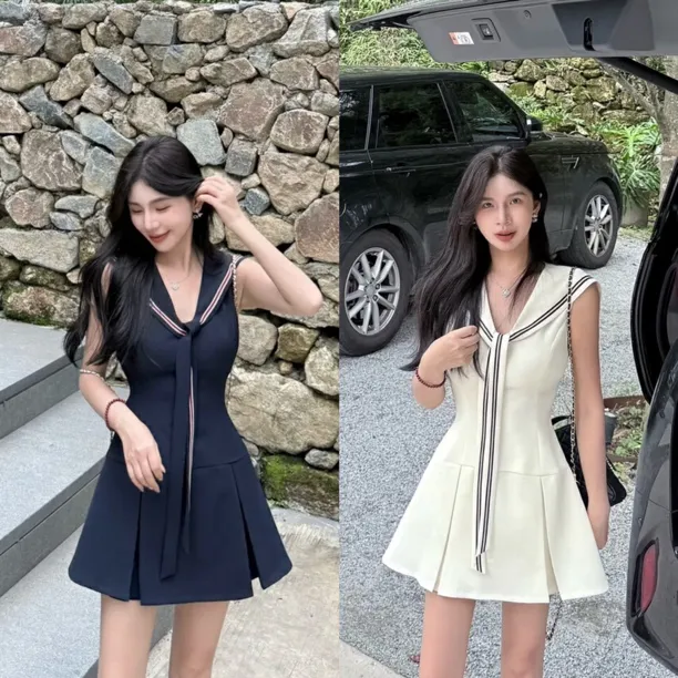 学院风水手领俏皮减龄复古撞色织带无袖收腰显瘦百褶A字连衣裙