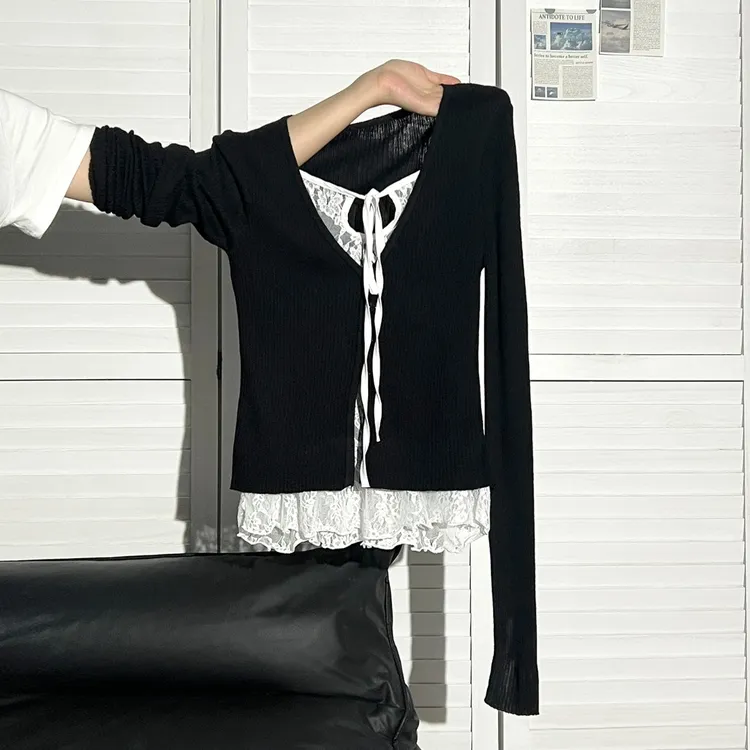 夏珍 黑色蕾丝假两件长袖针织开衫女秋季修身设计感防晒外搭上衣