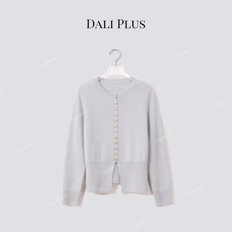 DALI PLUS山羊绒绵羊毛”鎏金单排扣开衩下摆针织开衫-D5MM2439