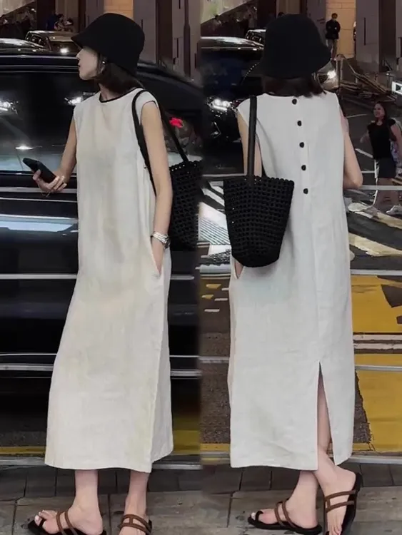 法式高级感背扣无袖连衣裙2025新款女夏季宽松显瘦气质休闲长裙子