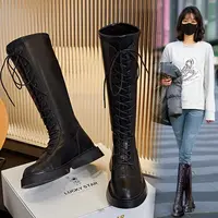 真皮骑士靴女2024冬季新款加绒长筒靴粗跟系带高筒靴百搭女靴3259