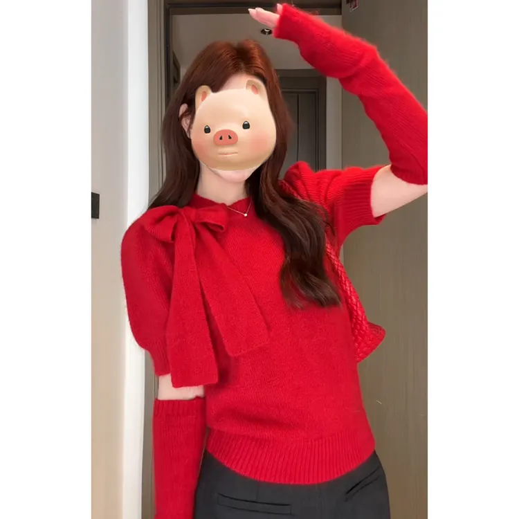 本命年穿搭红色蝴蝶结系带泡泡袖毛衣女秋冬季短款袖套针织衫上衣
