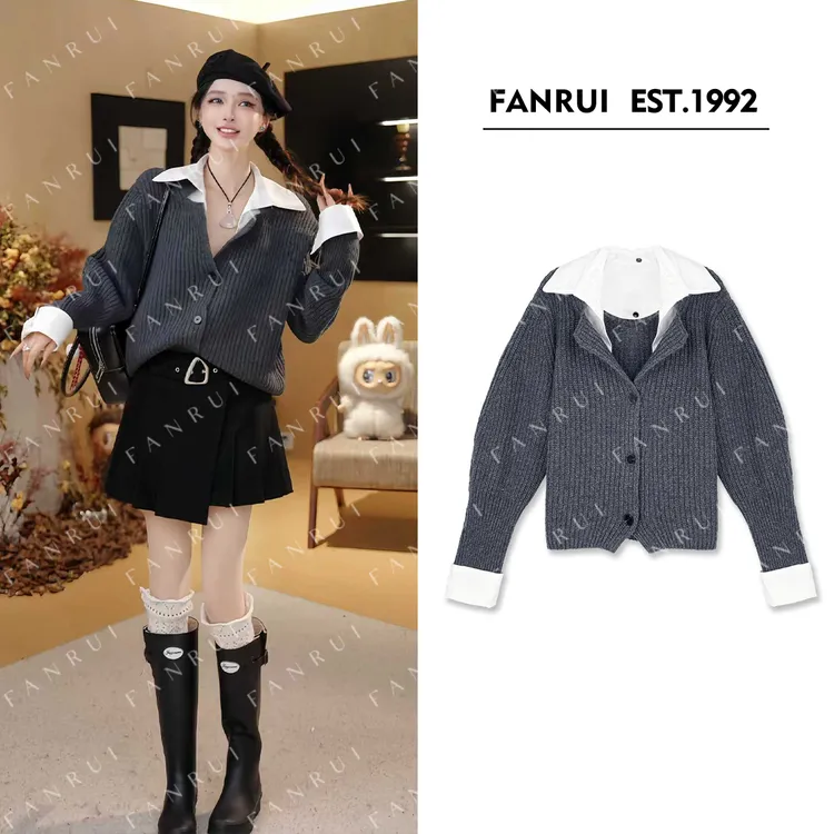 FANRUI/泛芮「贝贝biuu」假两件丝光羊毛气质减龄针织上衣B18402