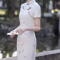 新款改良长款新中式显瘦八扣旗袍绿边锦鲤