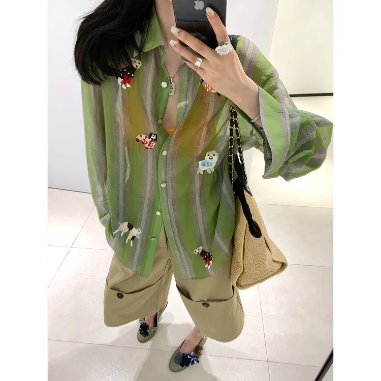 区区欧阳小狗刺绣轻薄气质衬衫女夏季设计感小众复古衬衣宽松上衣