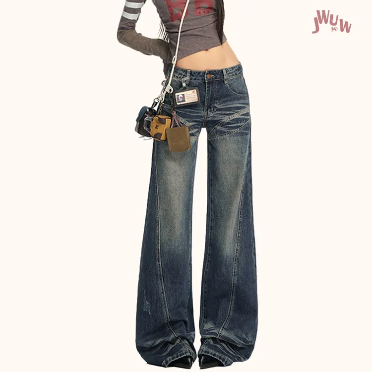 JWUW秋季新款美式复古微喇牛仔裤女百搭直筒阔腿垂感长裤子
