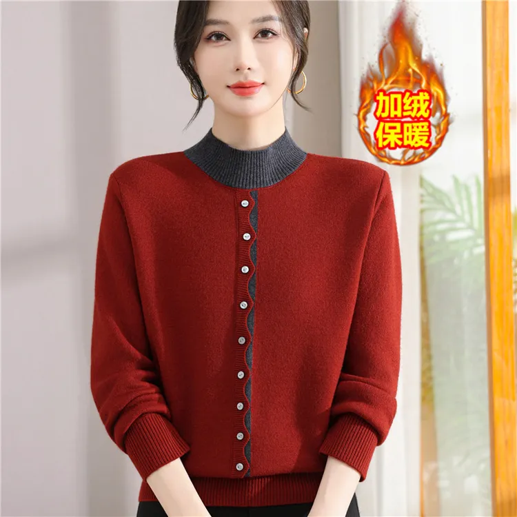 妈妈装冬季加绒加厚毛衣洋气一体绒上衣中老年女装保暖内搭打底衫