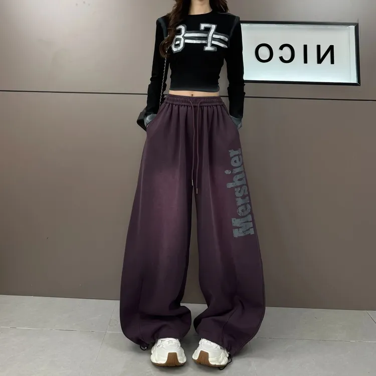 美式街头爵士舞运动裤男女情侣重工水洗复古印花宽松阔腿休闲卫裤