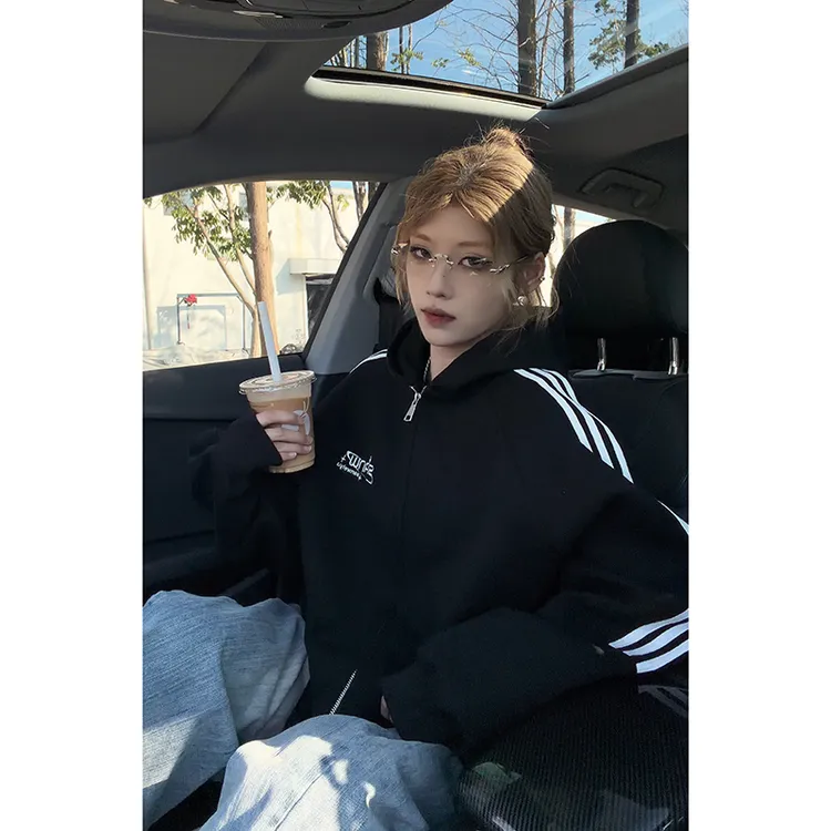 美式条纹学院风开衫卫衣男秋季潮牌重磅双拉链运动连帽外套情侣装