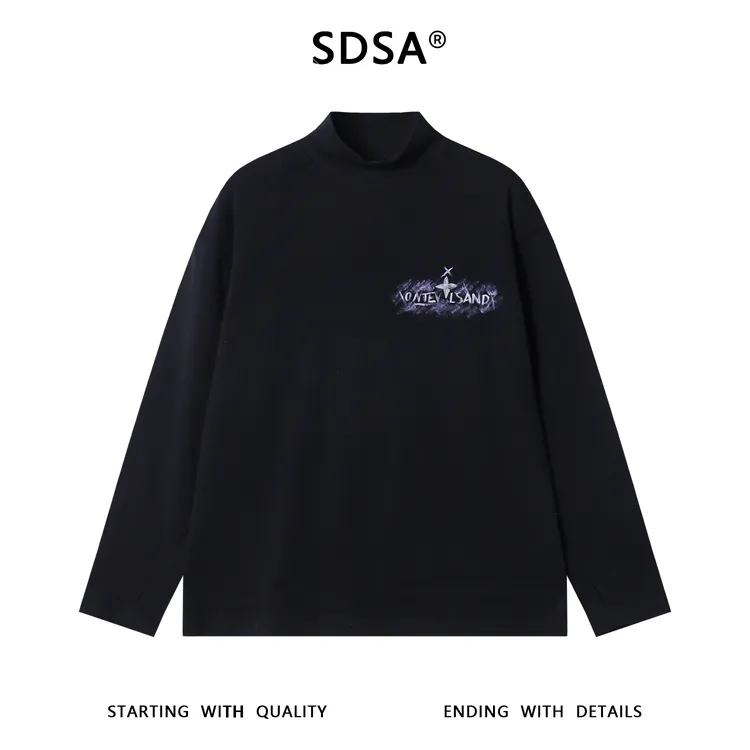SDSA秋冬新款痞帅男装美式手绘字母印花半高领长袖T恤设计感百搭