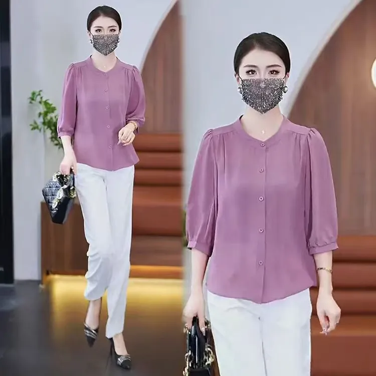 休闲风防晒不起球纯色立领衬衫显瘦气质大码中年女装七分袖衬衫