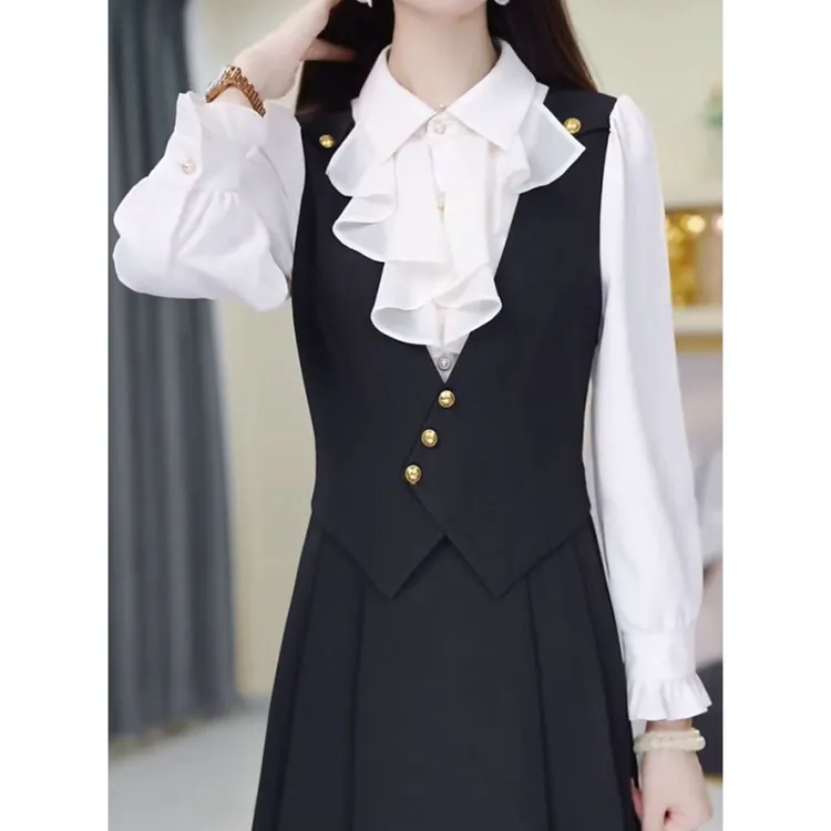法式高端优雅方领礼服裙女2025秋季新款修身显瘦洋气假两件连衣裙
