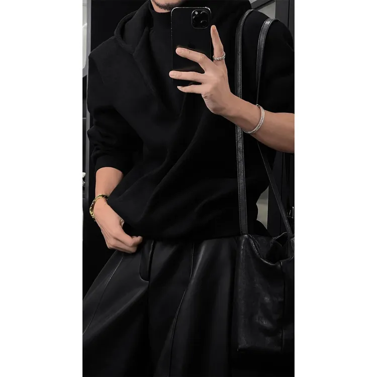 秋冬新品小众设计感假两件时尚潮流高级感美式复古连帽宽松卫衣男