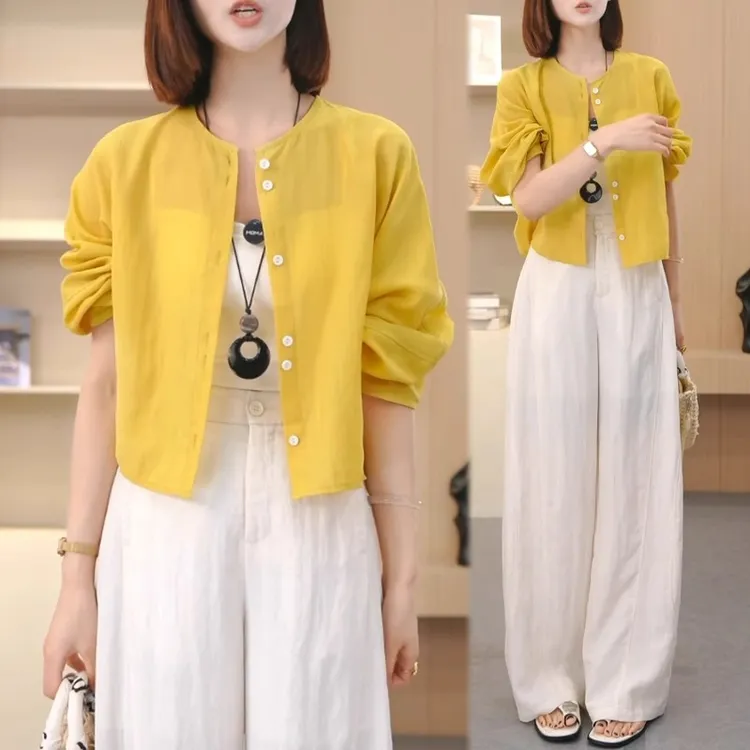 2025夏季新款女士黄色防晒长袖衬衫纯色休闲裤套装时尚减龄两件套