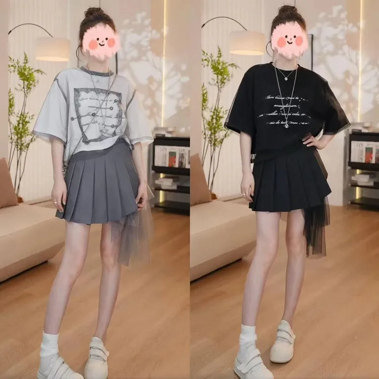 2025夏季时尚百搭短袖T恤上衣网纱拼接设计感百褶半身裙气质套装