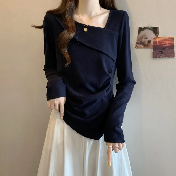 韩系时尚设计感斜领正肩长袖T恤秋季新款大码胖mm不规则内搭上衣