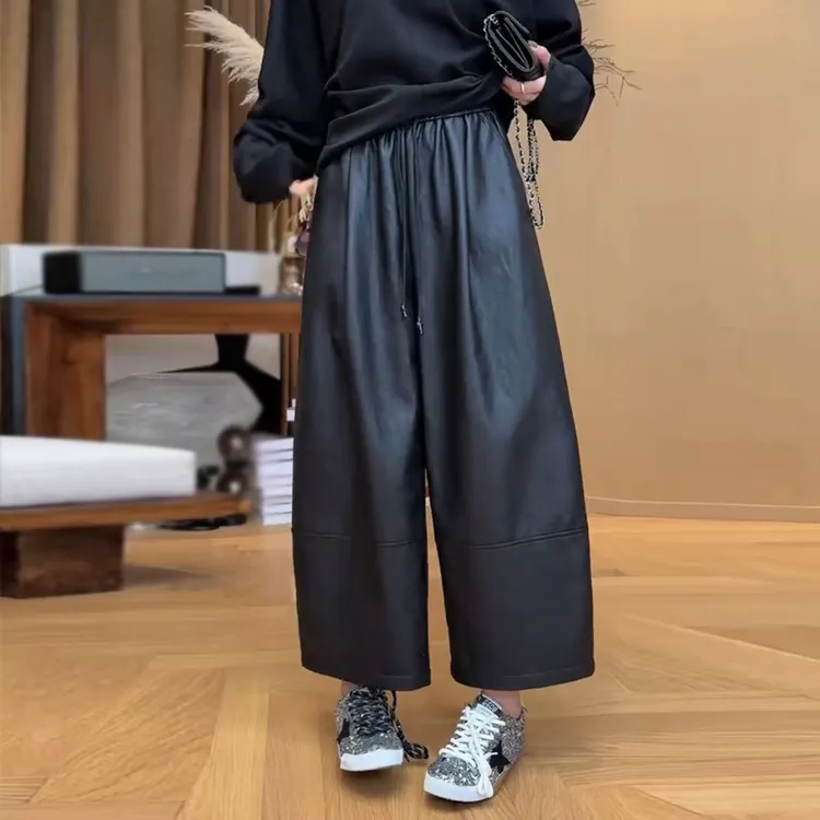 秋冬季显瘦百搭黑色蛋白皮裤女宽松老钱风休闲裤松紧腰九分阔腿裤