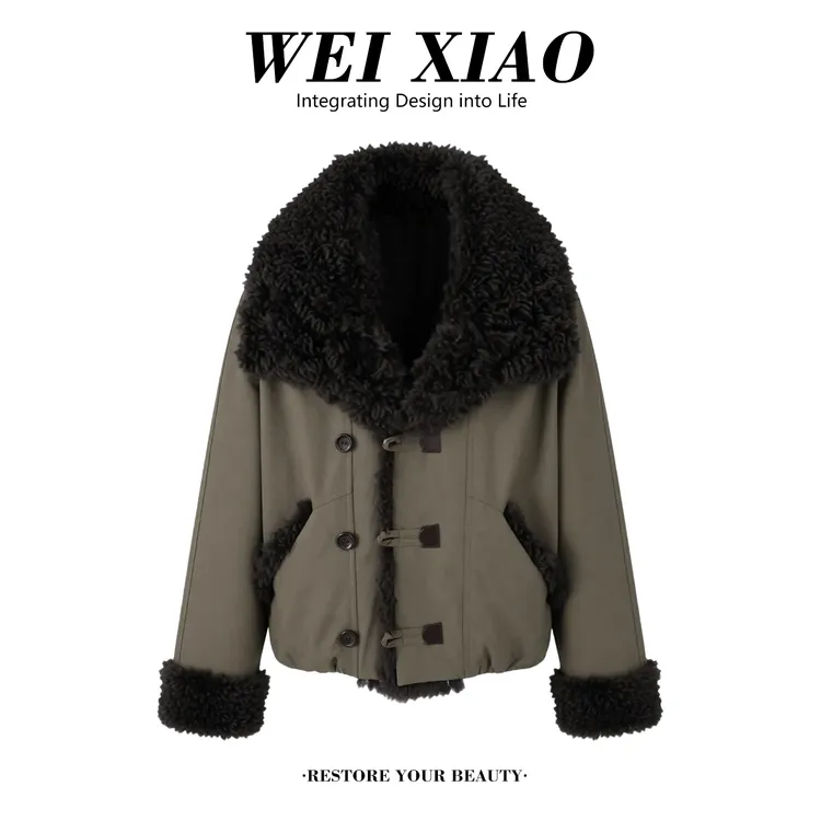 复古加厚撞色毛领棉服女2025冬季新款小个子时尚百搭保暖洋气外套