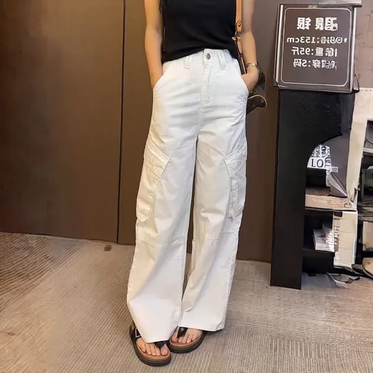 美式复古窄版阔腿工装休闲裤女秋季新款高腰宽松显瘦直筒牛仔裤子