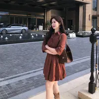 李潇洒【格律诗】微胖大码秋季复古红格纹收腰双版本衬衫连衣裙