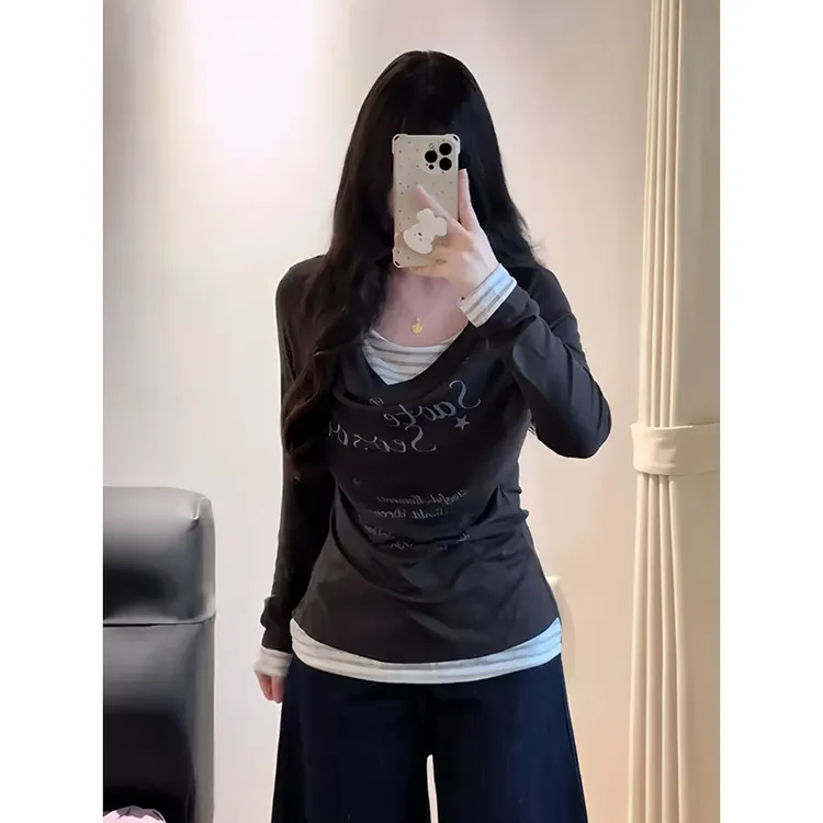 大码美式复古假两件拼接长袖t恤女秋季新款胖mm收腰时尚气质上衣