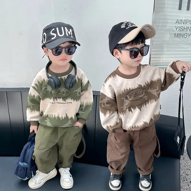 儿童装男童潮酷扎染工装裤套装春秋装儿婴幼儿休闲时尚卫衣二件套