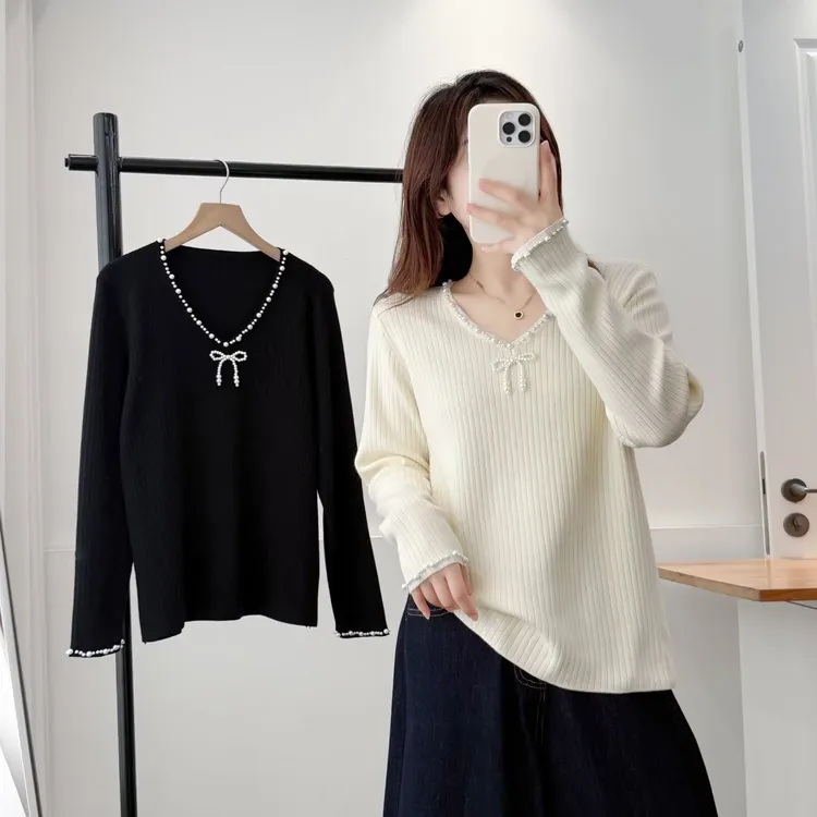 100-200斤大码女装胖mm秋冬款高级感V领钉珠蝴蝶结气质打底衫1408