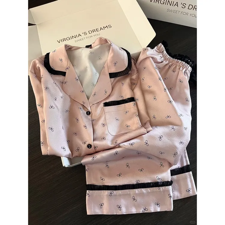 韩系甜美玫瑰粉蝴蝶结冰丝睡衣女春秋2025新款大码长袖家居服套装