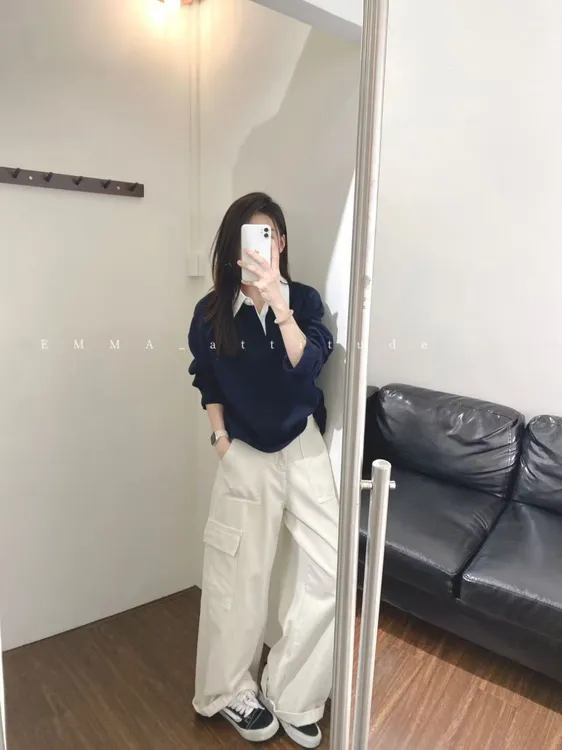 2025秋季新款韩系设计感POLO领刺绣长袖卫衣女减龄气质上衣工装裤