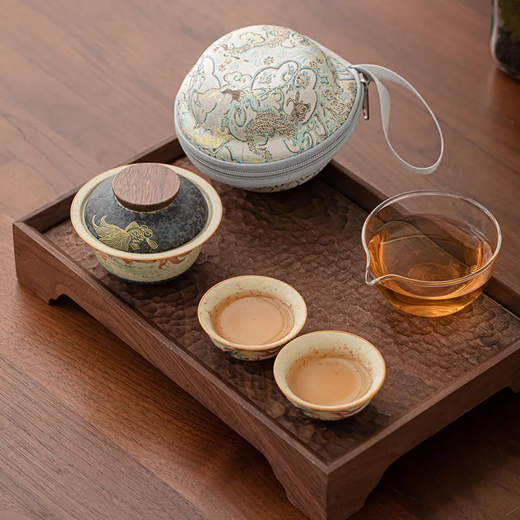 【年年有鱼】便携旅行茶具盖碗一壶二杯户外露营车载泡茶壶功夫茶具商品图