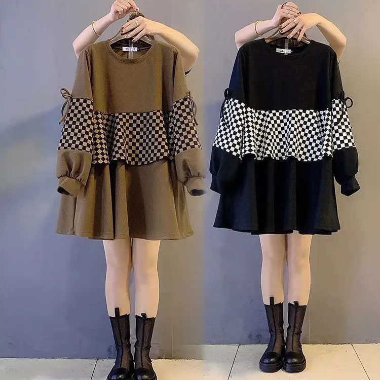 大码女装2024春秋新款韩版假两件上衣女遮肉显瘦洋气中长款卫衣女