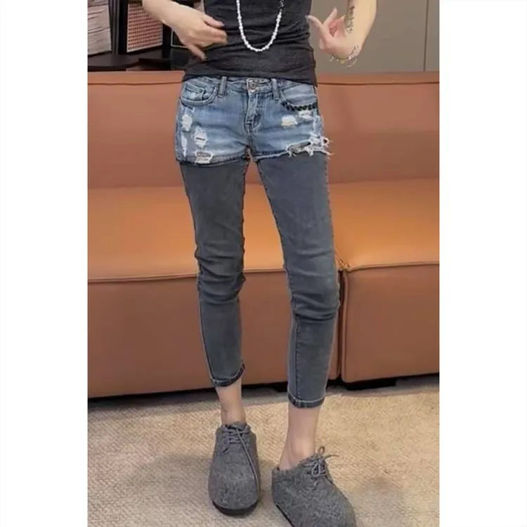 艾塔莉假两件牛仔裤女新款春季胖mm大码九分小脚紧身铅笔裤小个子