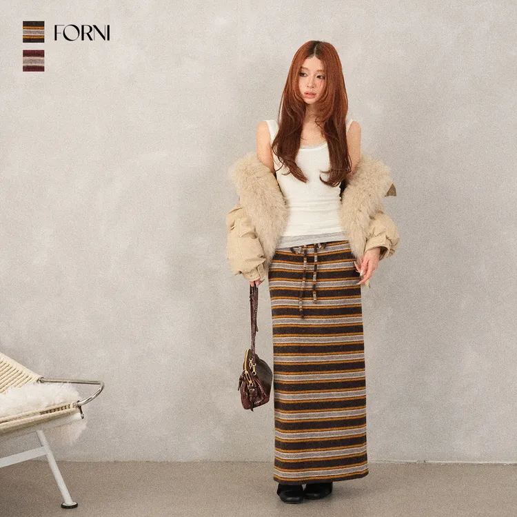 FORNI 彩条裙 复古彩色渐层条纹弹力垂感针织抽绳半裙