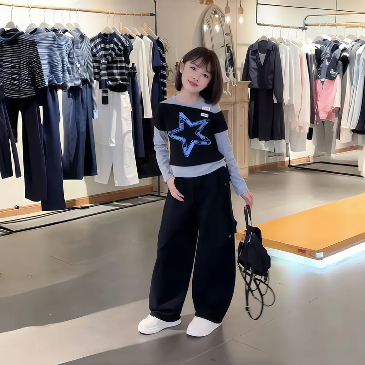 女童秋季套装2025新款韩版假两件上衣儿童中大童春秋工装裤两件套