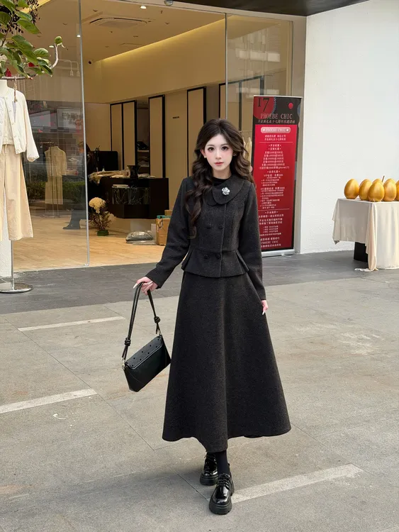 三件套【外套+裙子+内搭】秋冬新款韩系高级感收腰显瘦套装