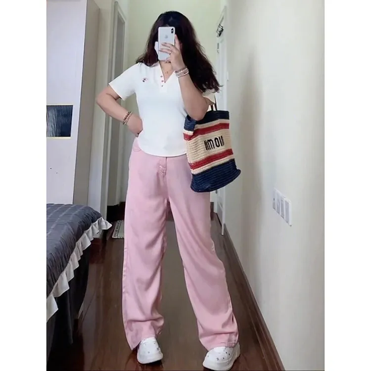 特大码粉色天丝牛仔裤女夏季薄款梨形身材胖mm宽松显瘦冰丝直筒裤