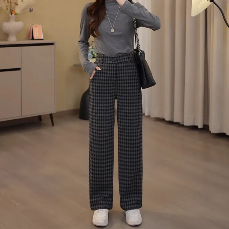 小个子窄版直筒格子裤女秋冬季加绒加厚高腰显瘦阔腿毛呢休闲裤子