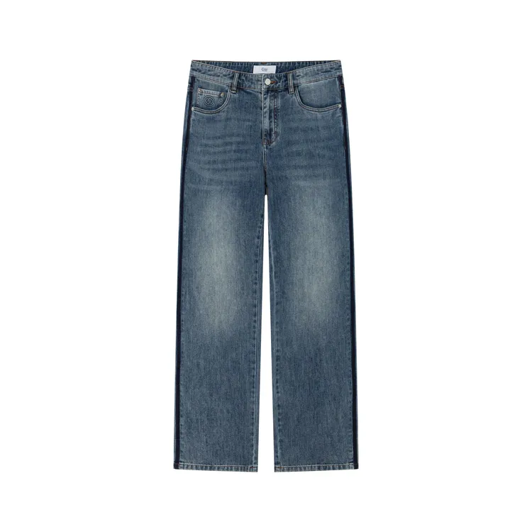 CRCR夏季男款薄款休闲做旧渐变条纹刺绣直筒宽松复古水洗蓝牛仔裤