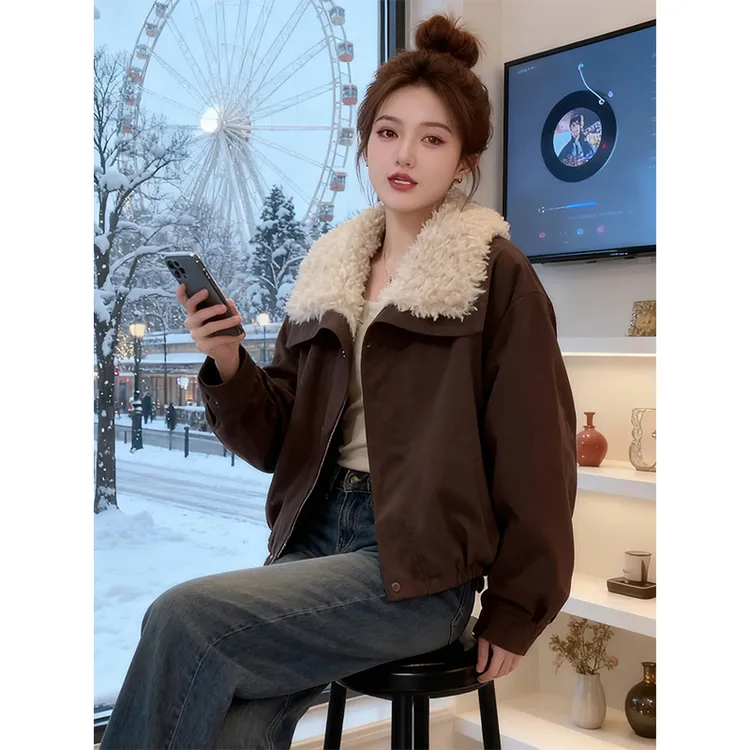 韩版复古拼接翻领加绒加厚外套女冬季2025新款设计感宽松保暖夹克