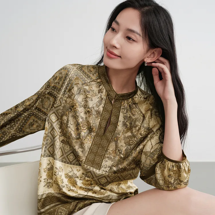 EP雅莹蓝标系列|桑蚕丝印花立领七分袖套头衬衫 早秋2307A