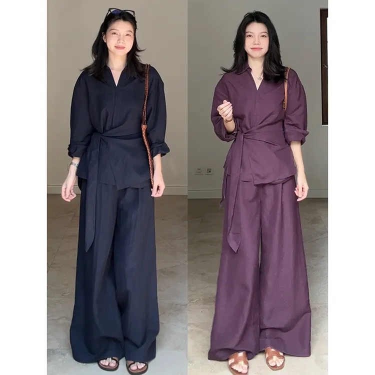 郭九九呢 亚麻天丝气质V领不规则系带衬衫高腰阔腿裤 G925A02821