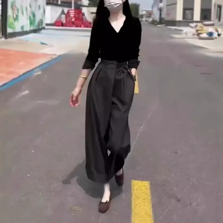 新款时尚气质百搭V领长袖T恤休闲阔腿裤洋气显瘦网红高腰减龄收腰