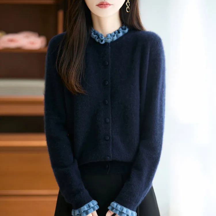 秋冬新款100%羊毛开衫女外搭木耳边圆领上衣洋气针织外套宽松毛衣