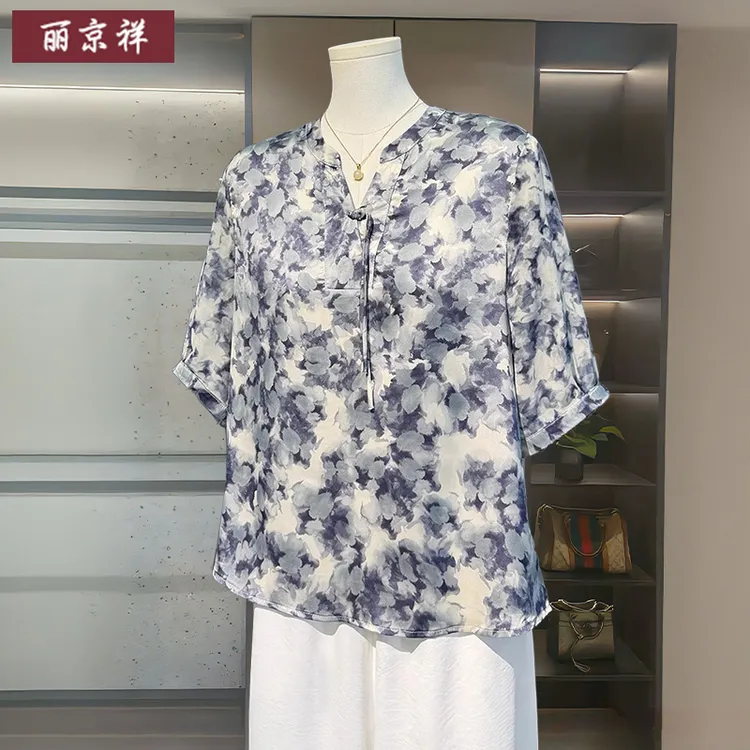 2025新款妈妈夏装雪纺衬衫上衣中老年女夏季洋气碎花短袖T恤小衫