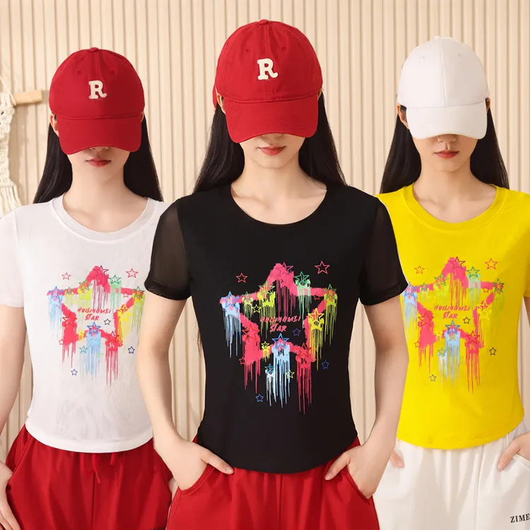 夏季新款广场舞网纱五角星印花冰感圆领T恤时尚修身显瘦短袖上衣