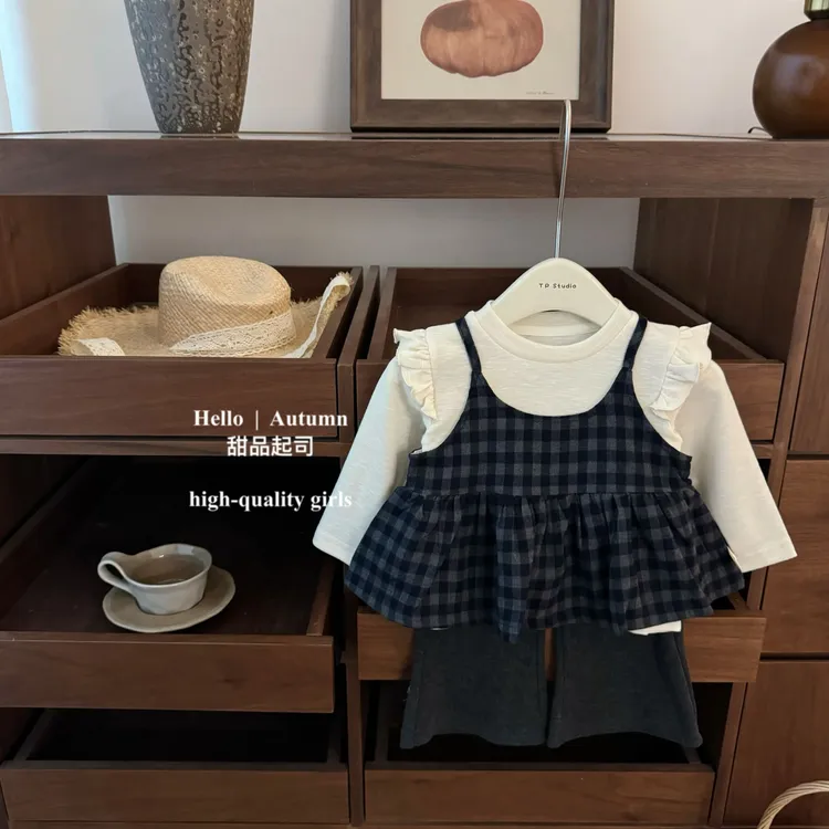 【甜品起司】欧尼日记！韩系女宝宝格子背心飞飞袖上衣微喇裤套装潮