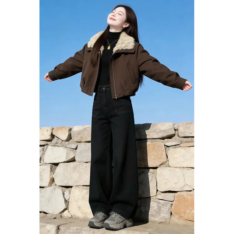 兹伊翰【摩卡慕斯】时尚短款毛毛拼接棉服2026冬季新款百搭气质外套