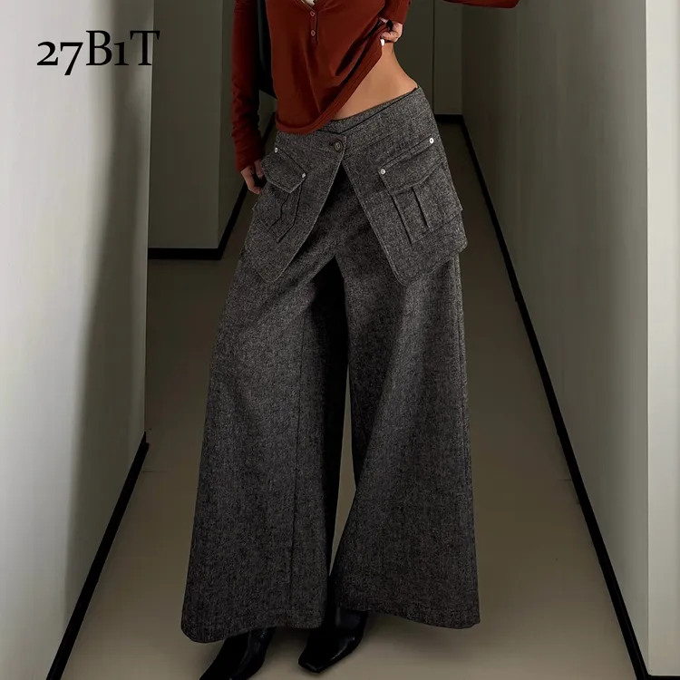 27B1T 灰色羊毛高腰阔腿裤立体工装搭片口袋装饰25新款BDWWW2K495