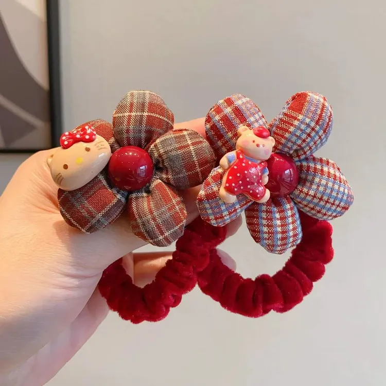 儿童红色格纹花朵发圈女孩植绒扎发绳可爱卡通丸子头皮筋女童发饰