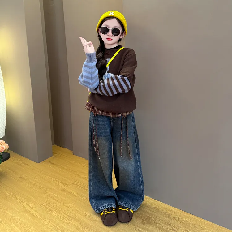女童2025新款假两件提花时尚韩系穿搭卫衣加绒牛仔裤套装潮酷新品